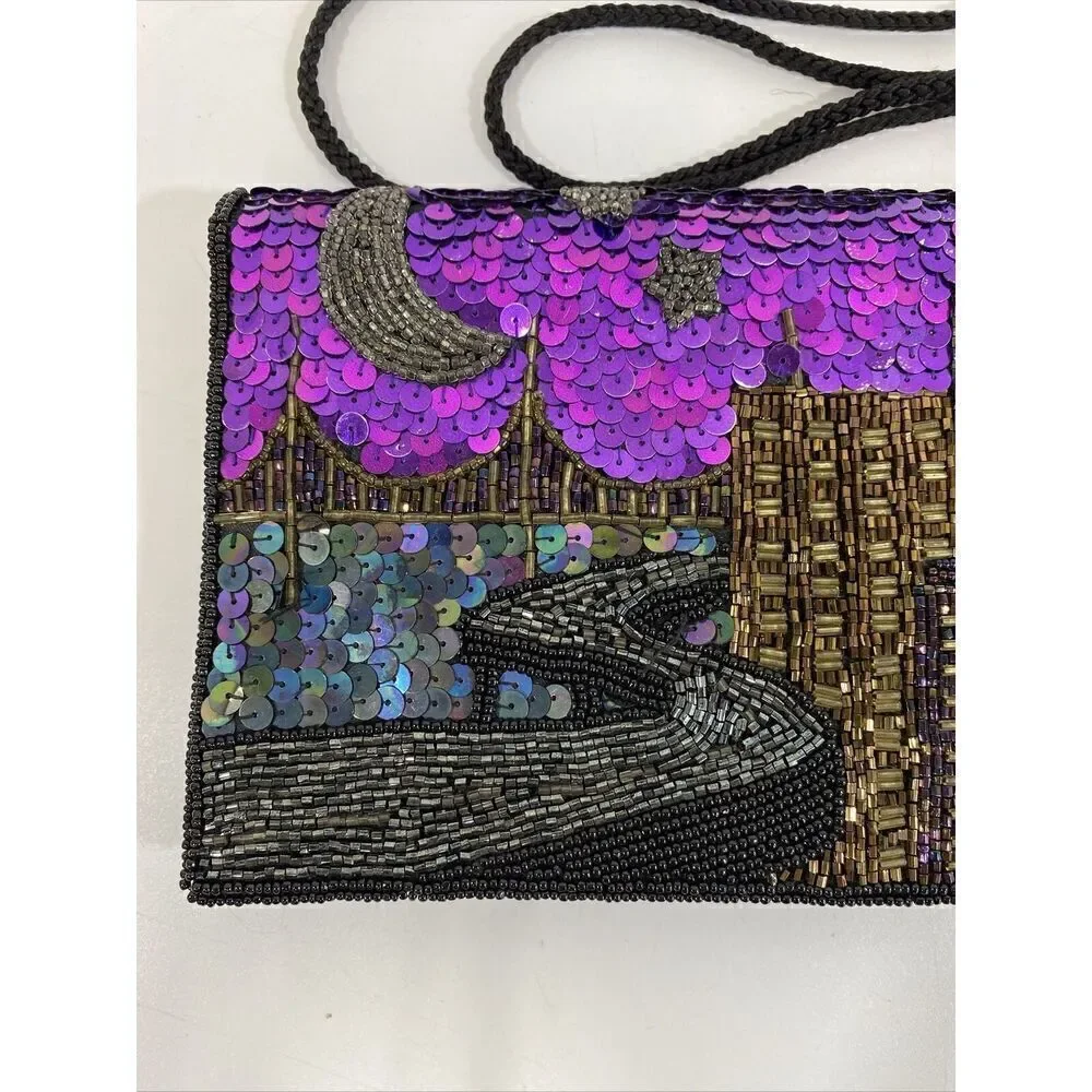 Vtg Formal Clutch Purse Beaded Wearable Art 90s Purple Black City Night Scene